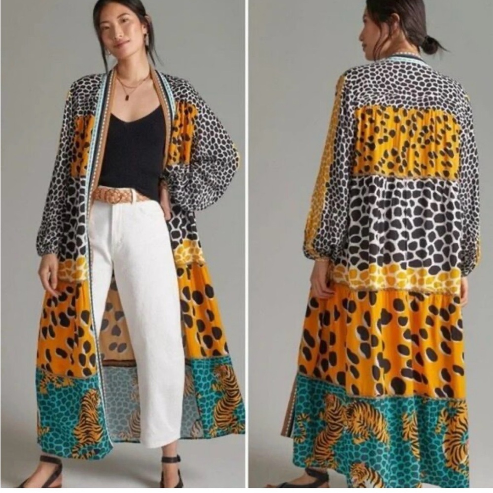 Printed Open Caftan/Duster in Yellow/Black/Turqoise